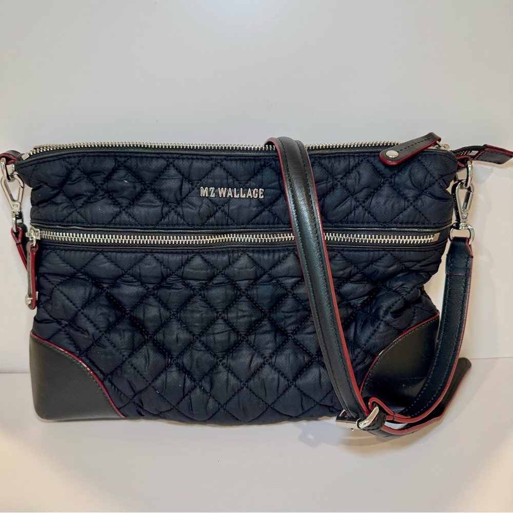 MZ Wallace Crosby Bag In Black Quilted Nylon With Silver Hardware & Leather Trim